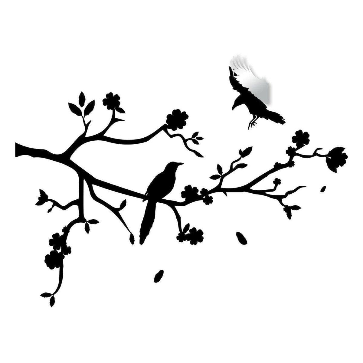 Chic black tree branch wall decal with birds and flowers, perfect for stylish home decoration.