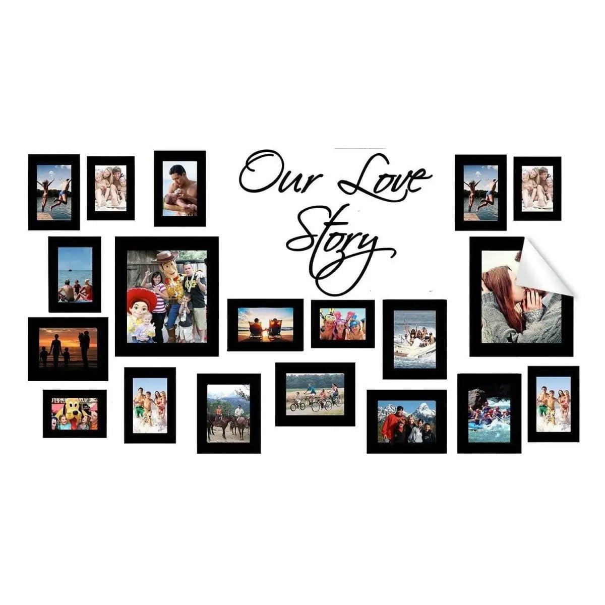 Wall art sticker featuring a photo collage titled 'Our Love Story' with various images in decorative frames.