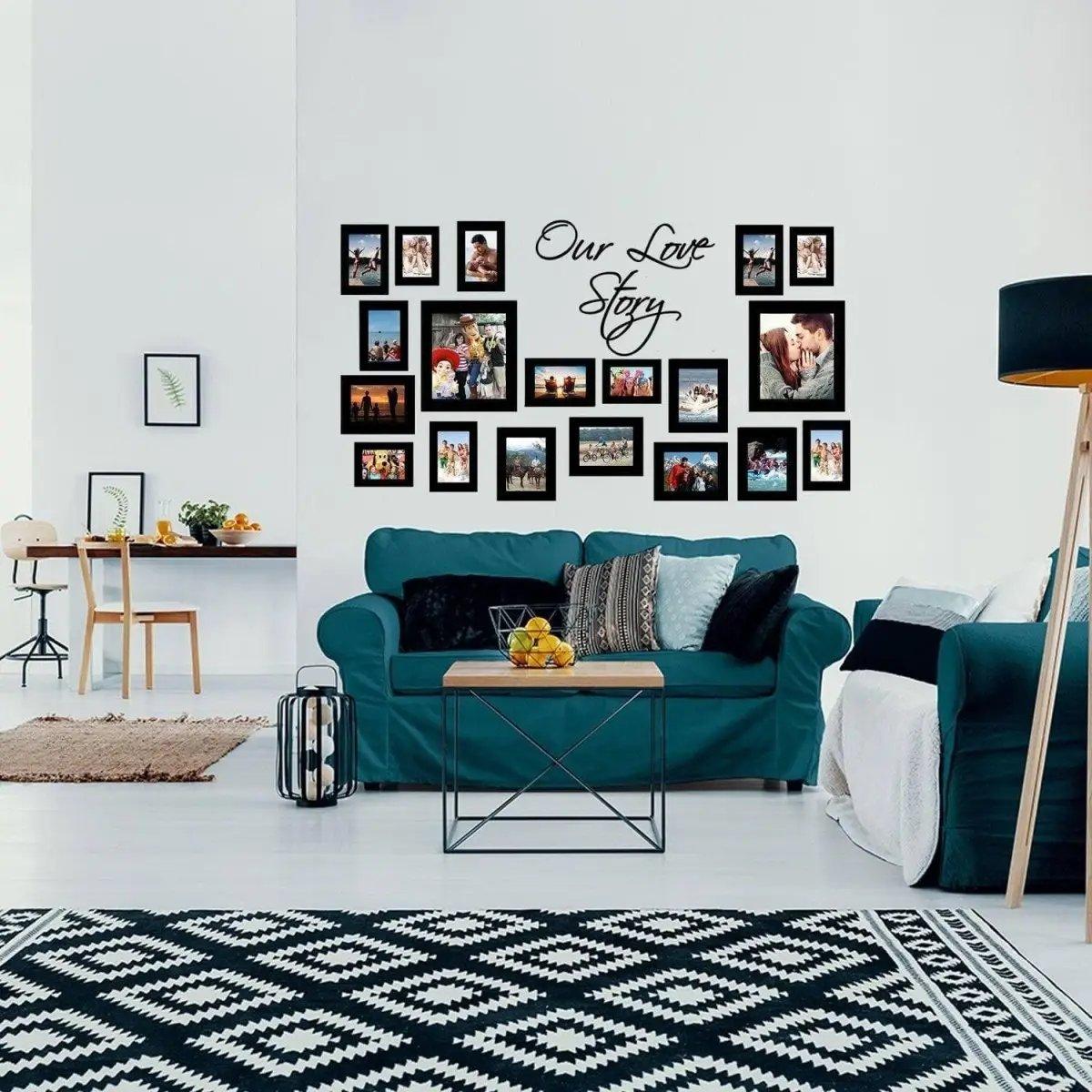 Living room featuring a stylish wall art sticker with photo frames saying 'Our Love Story' above a cozy teal sofa.