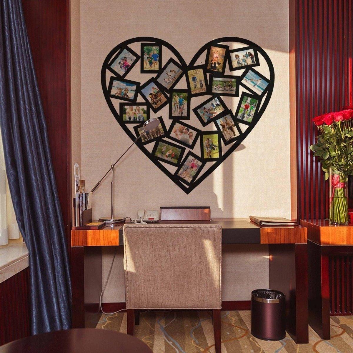 Heart-shaped wall decal with photo frames showcasing memories in stylish home decor.