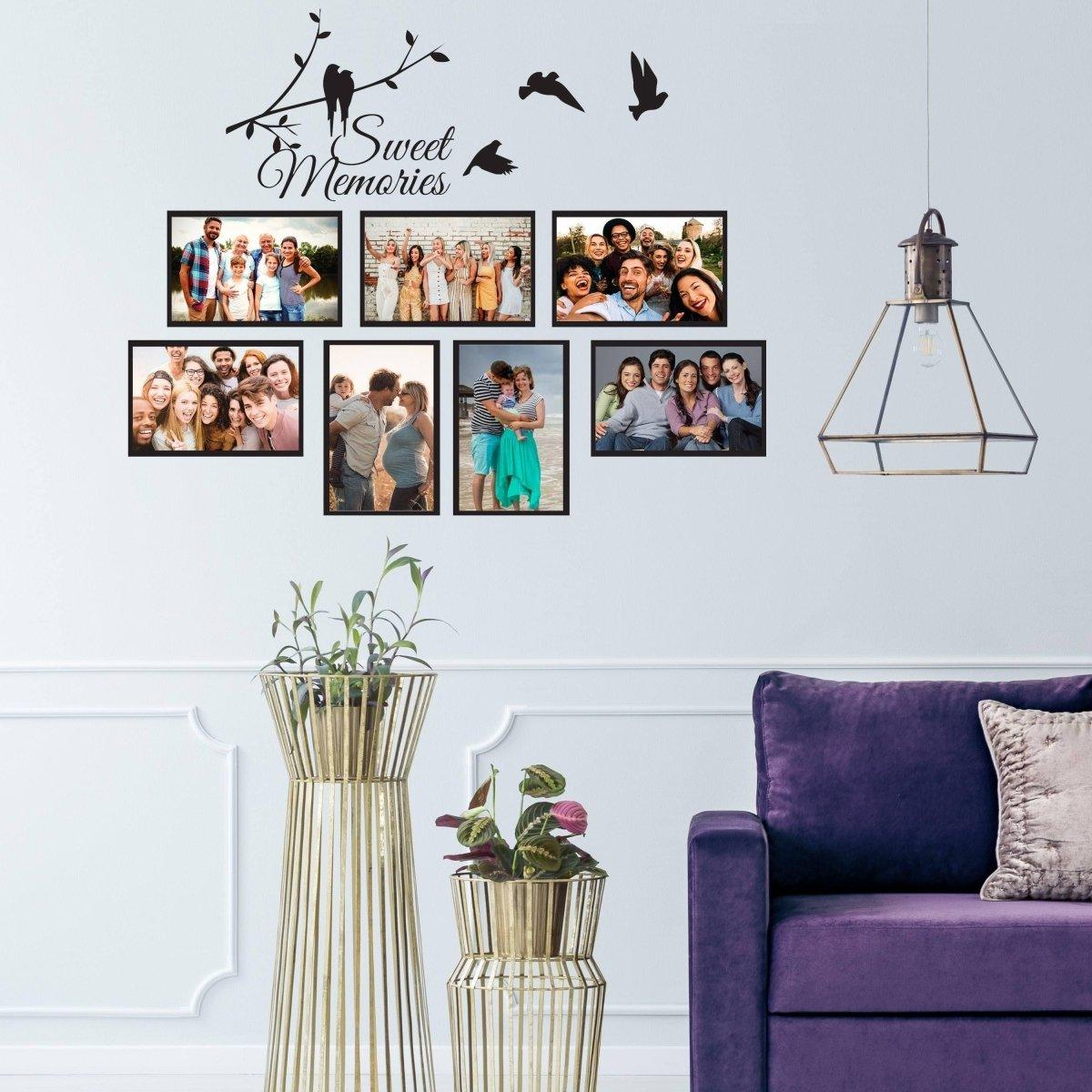 Vinyl wall decal with picture frames and 'Sweet Memories' design on a stylish living room wall.