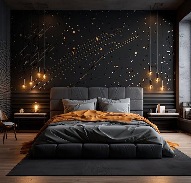Elegant bedroom featuring chic geometric gold wall decals with modern design and warm ambient lighting.