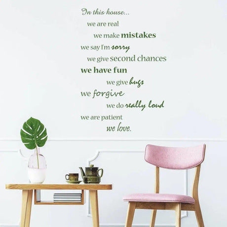 Inspirational wall decal with house rules in green lettering, enhancing home decor in a stylish living room.