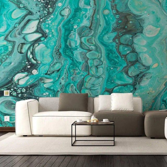 Luxurious turquoise marble pattern wallpaper with modern sofa and coffee table, perfect for stylish home décor.