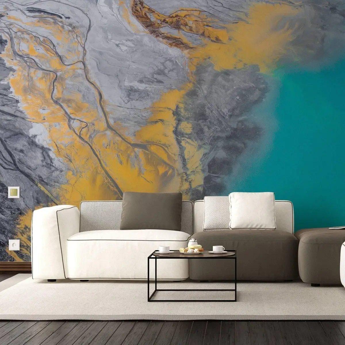 Stylish living room featuring self-stick marble wall film in shades of gray and teal, adding elegance to the decor.