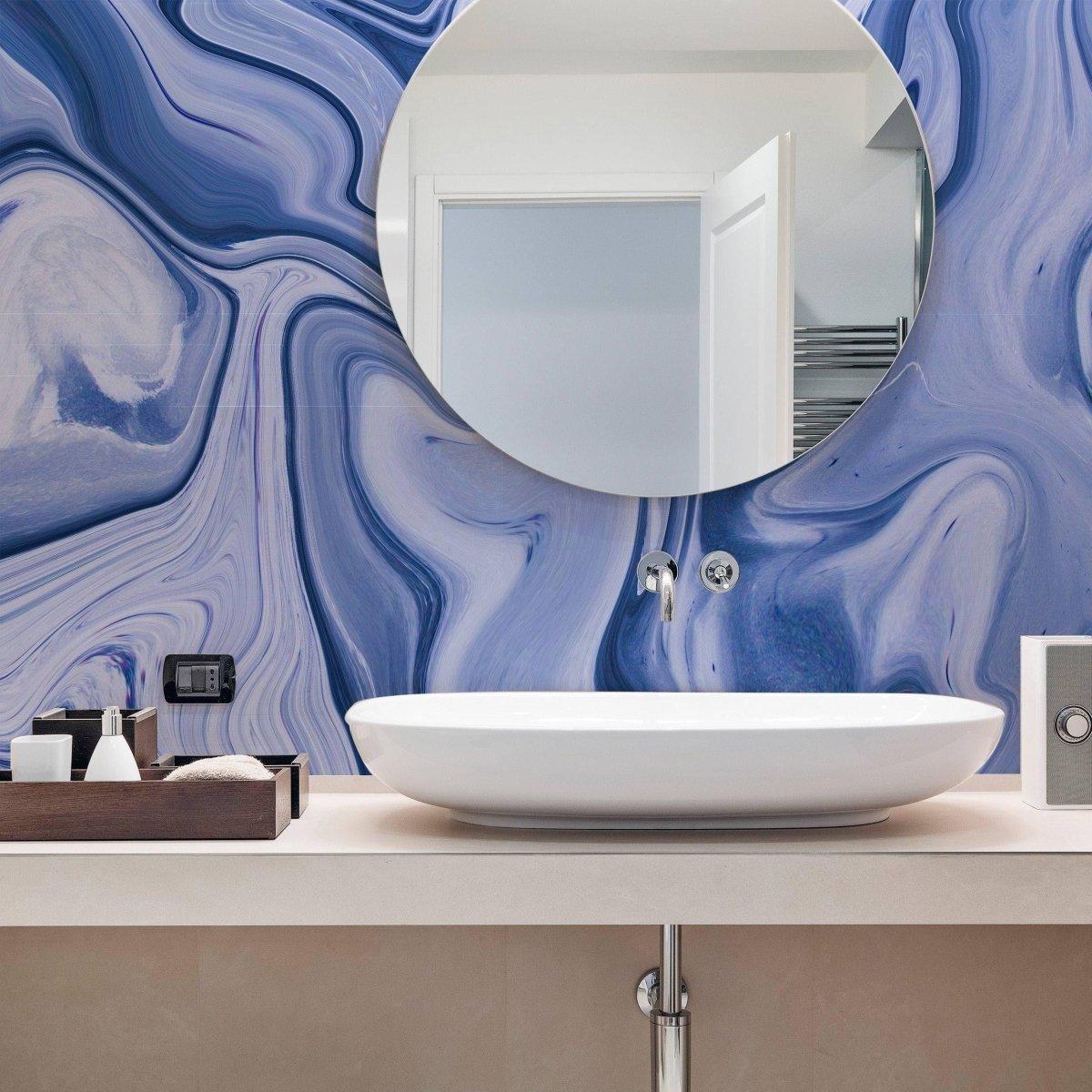 Modern bathroom featuring a round mirror and a stylish blue marble wall film for an elegant interior decor.