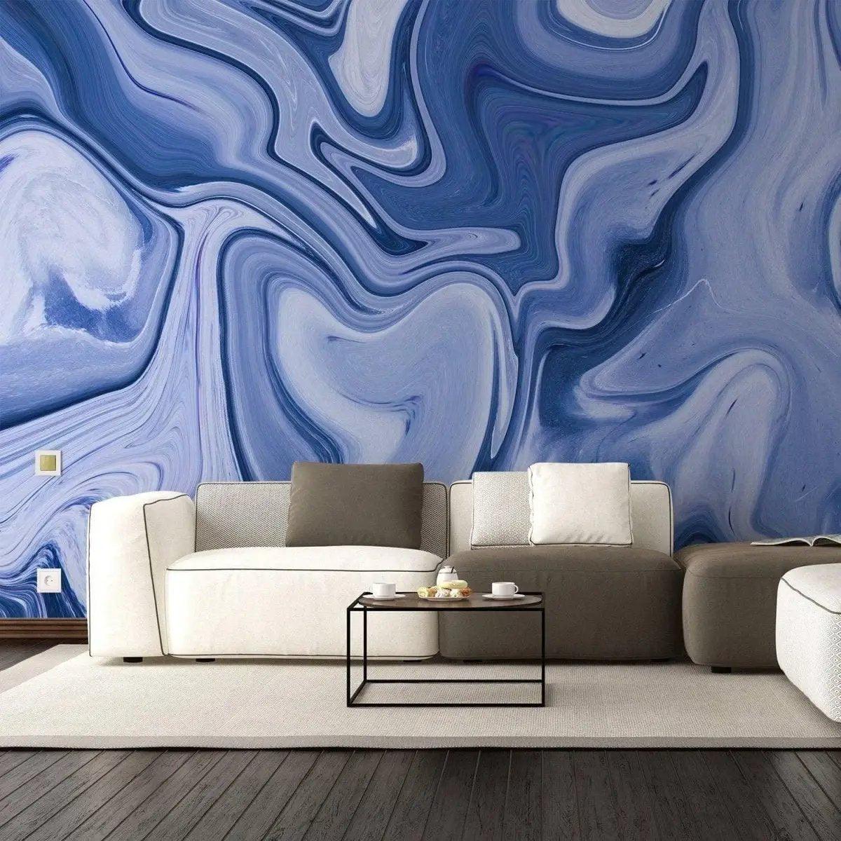 Modern living room featuring elegant blue marble wall design with a cozy sofa and coffee table.