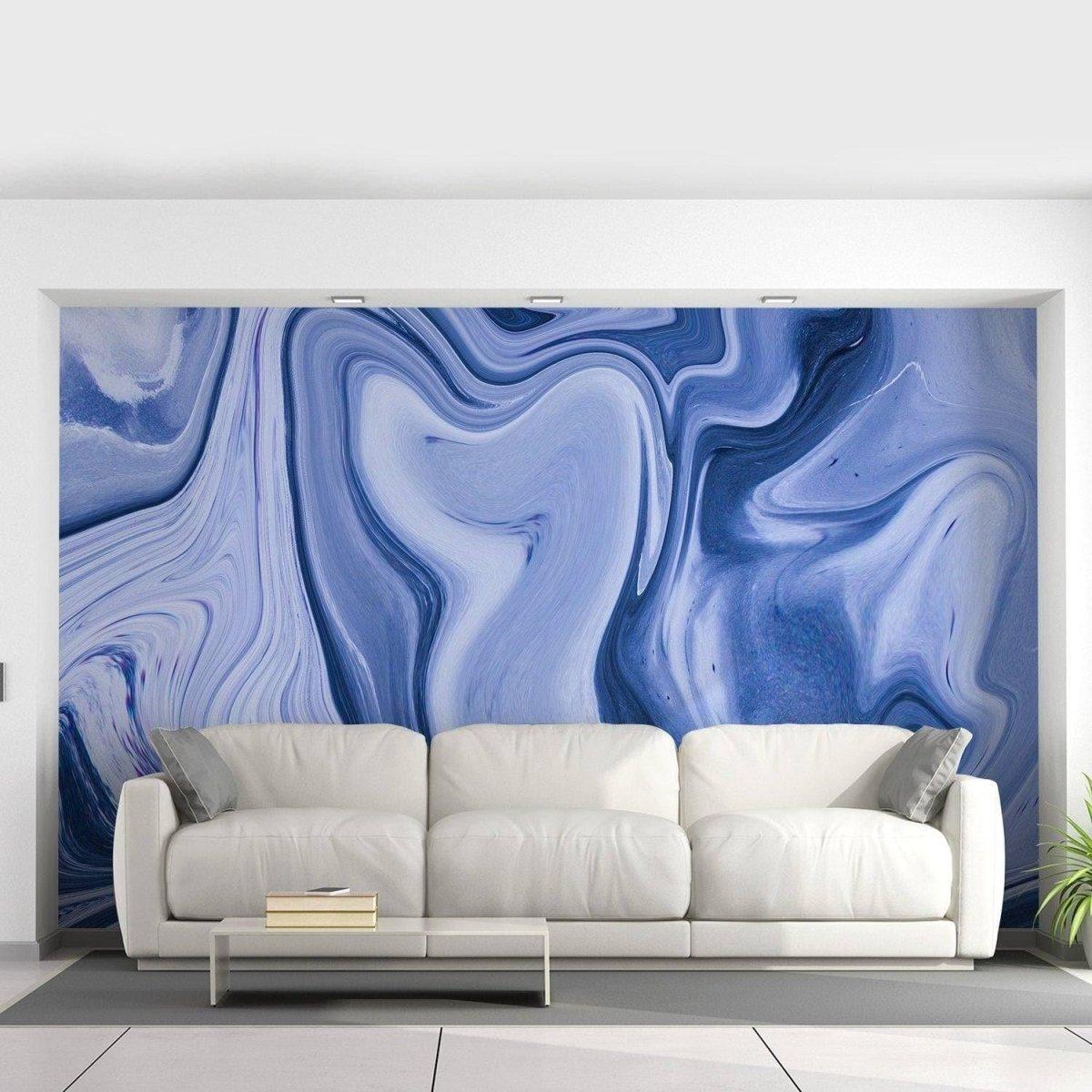 Elegant blue marble wall art with a modern white sofa in a stylish living room setting.