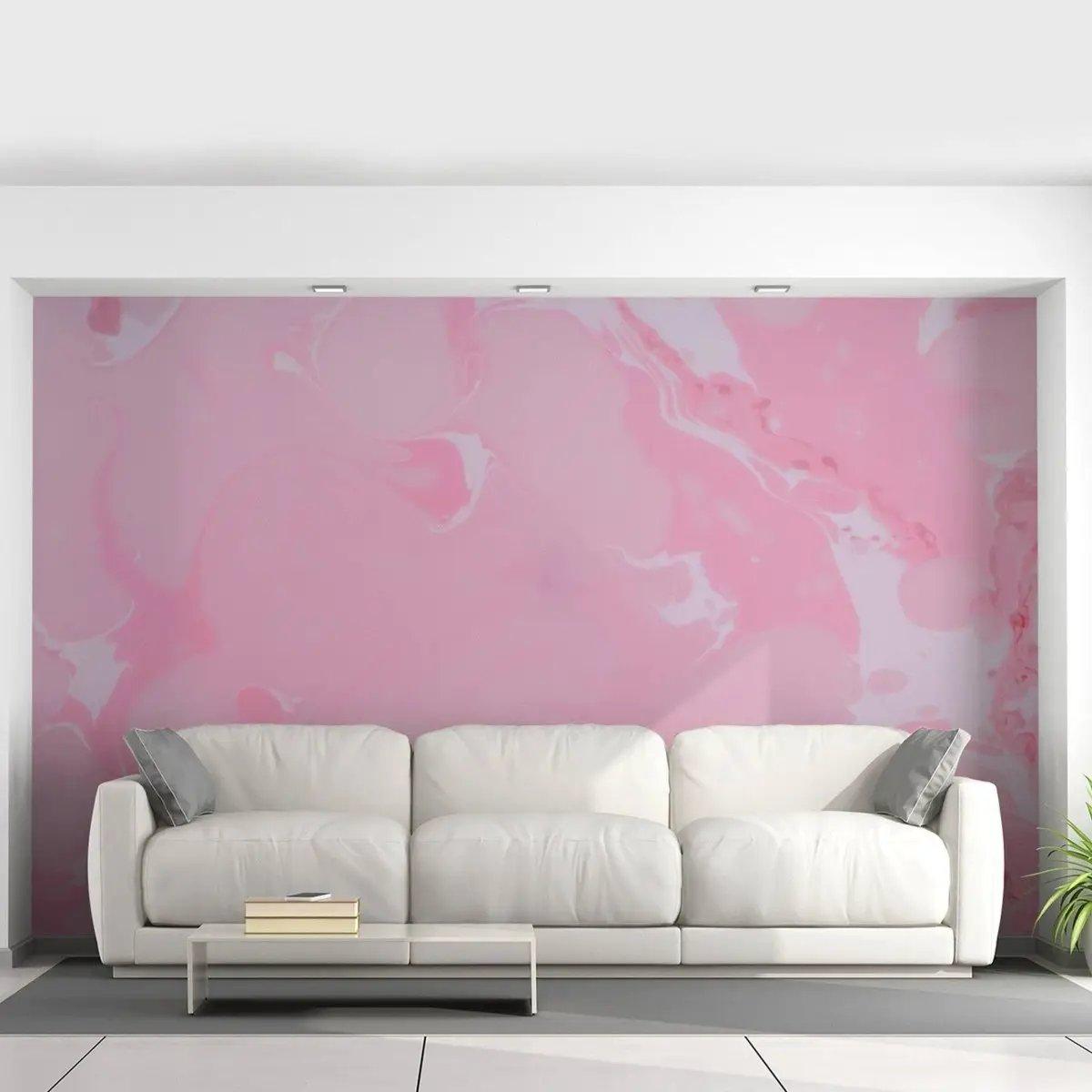 Elegant pink marble wallpaper accenting a modern living room with white sofa, enhancing home decor.