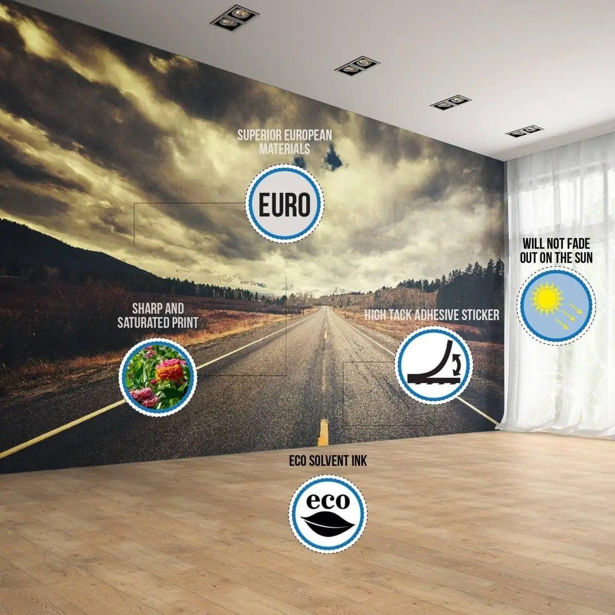 Interior view featuring road mural wallpaper, showcasing eco-friendly materials and vibrant print quality.