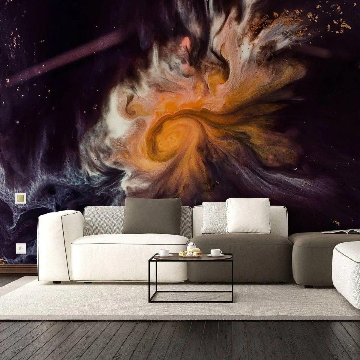 Stylish living room featuring a cosmic-themed mural wall art, designed for modern home decor enhancement.