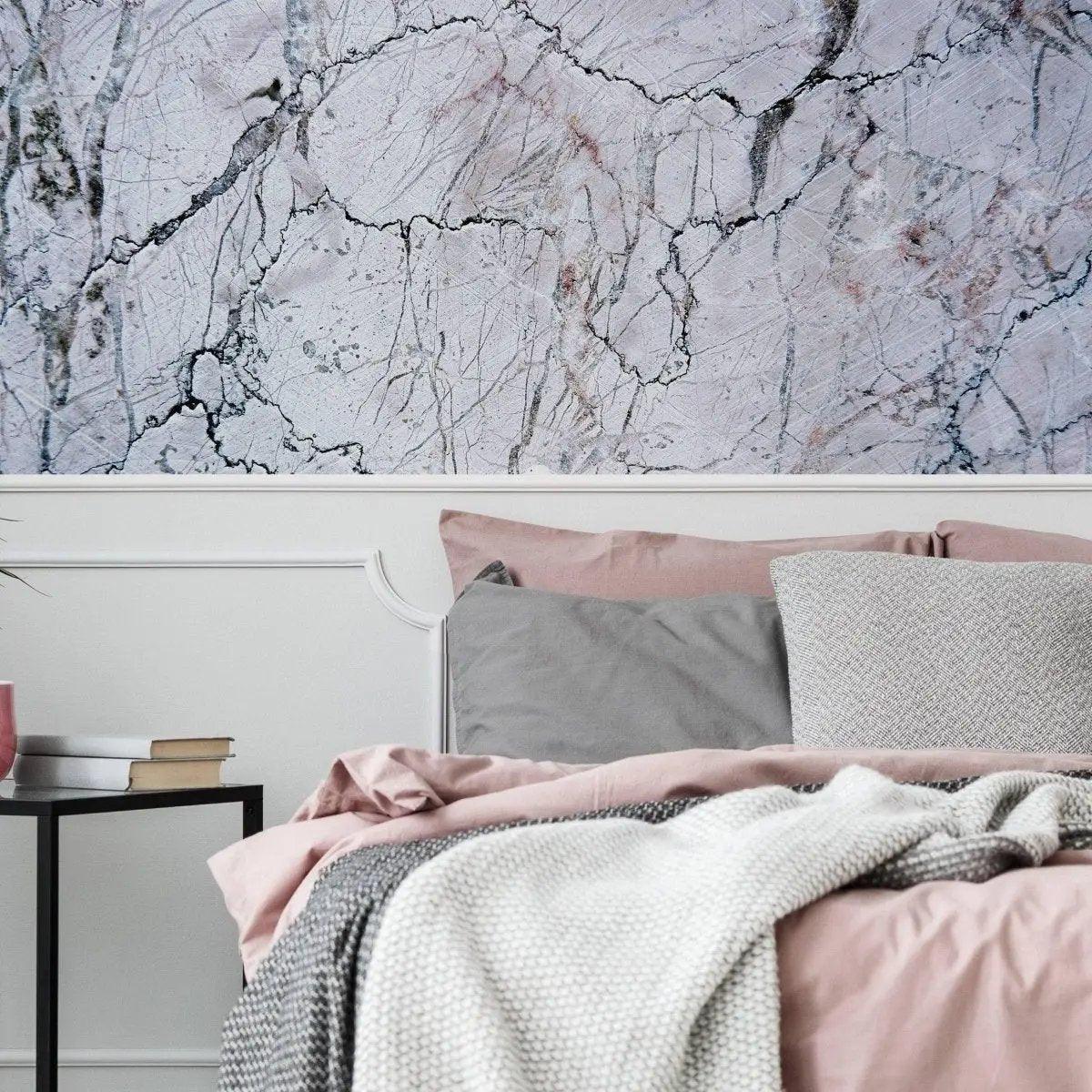 Elegant marble vinyl wallpaper in a stylish bedroom setting, enhancing the decor with a stunning design.