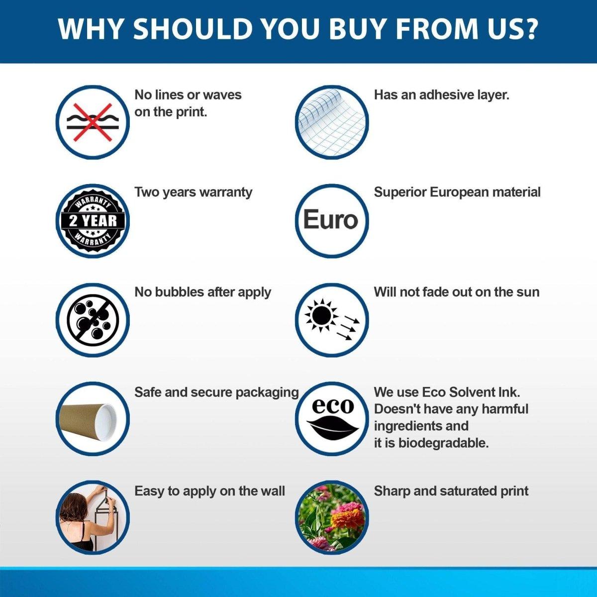 Infographic explaining benefits of Marble Vinyl Wallpaper including warranty, easy application, and eco-friendly properties.