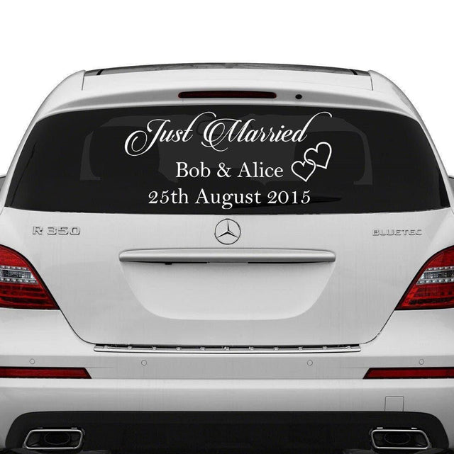 Elegant Just Married car sticker featuring names Bob & Alice and the date 25th August 2015 on a vehicle rear window.