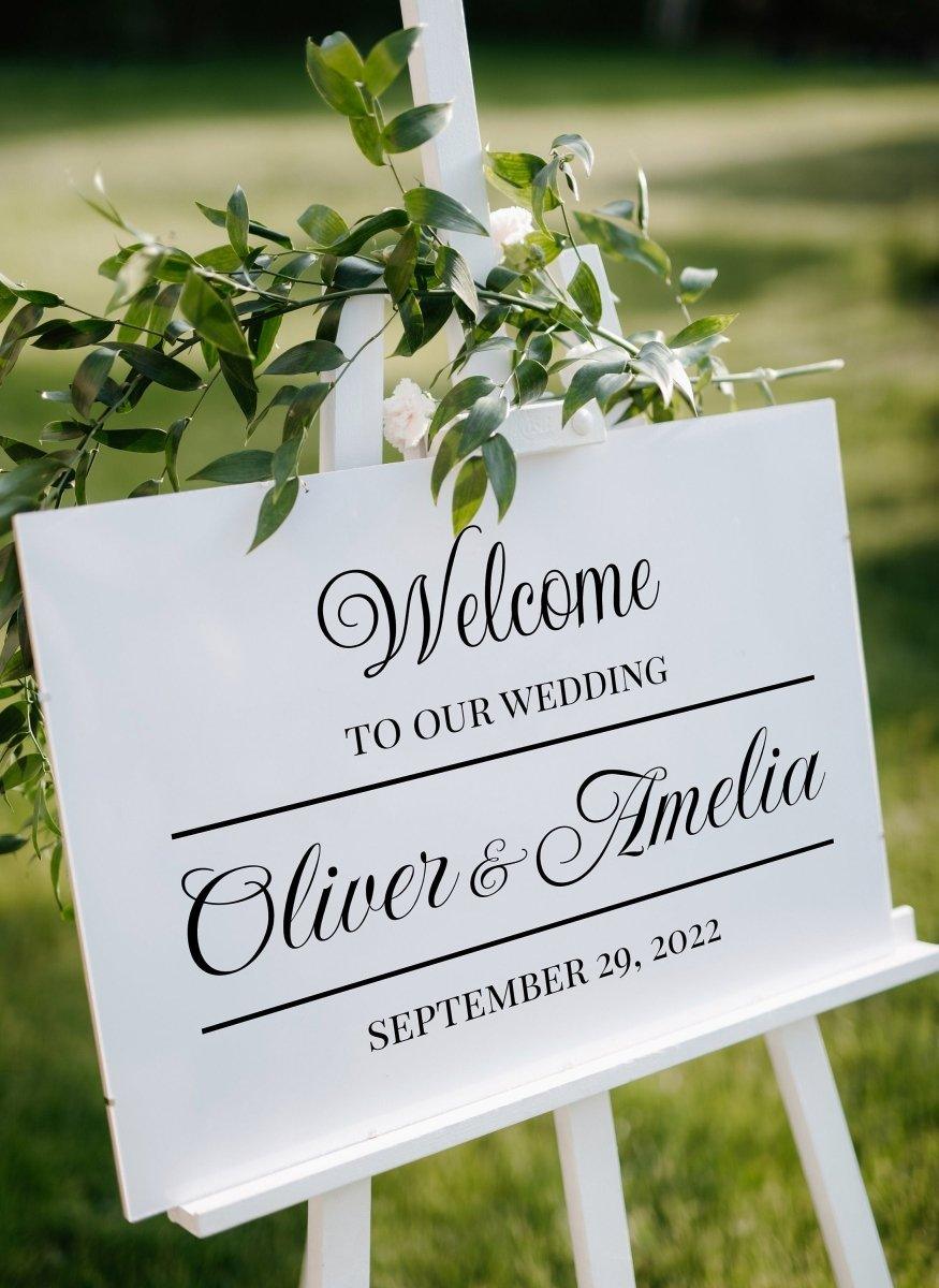 Elegant wedding welcome sign displaying names Oliver and Amelia with date September 29, 2022.