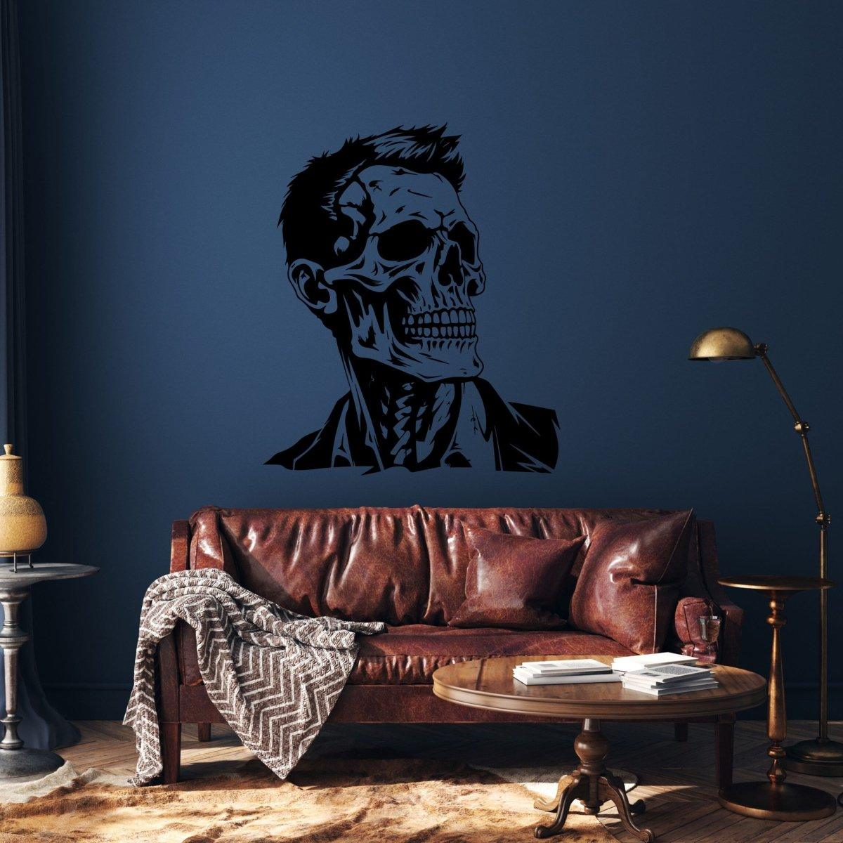 Chic skull wall sticker design featuring a refined skeleton face on a blue wall above a cozy couch.