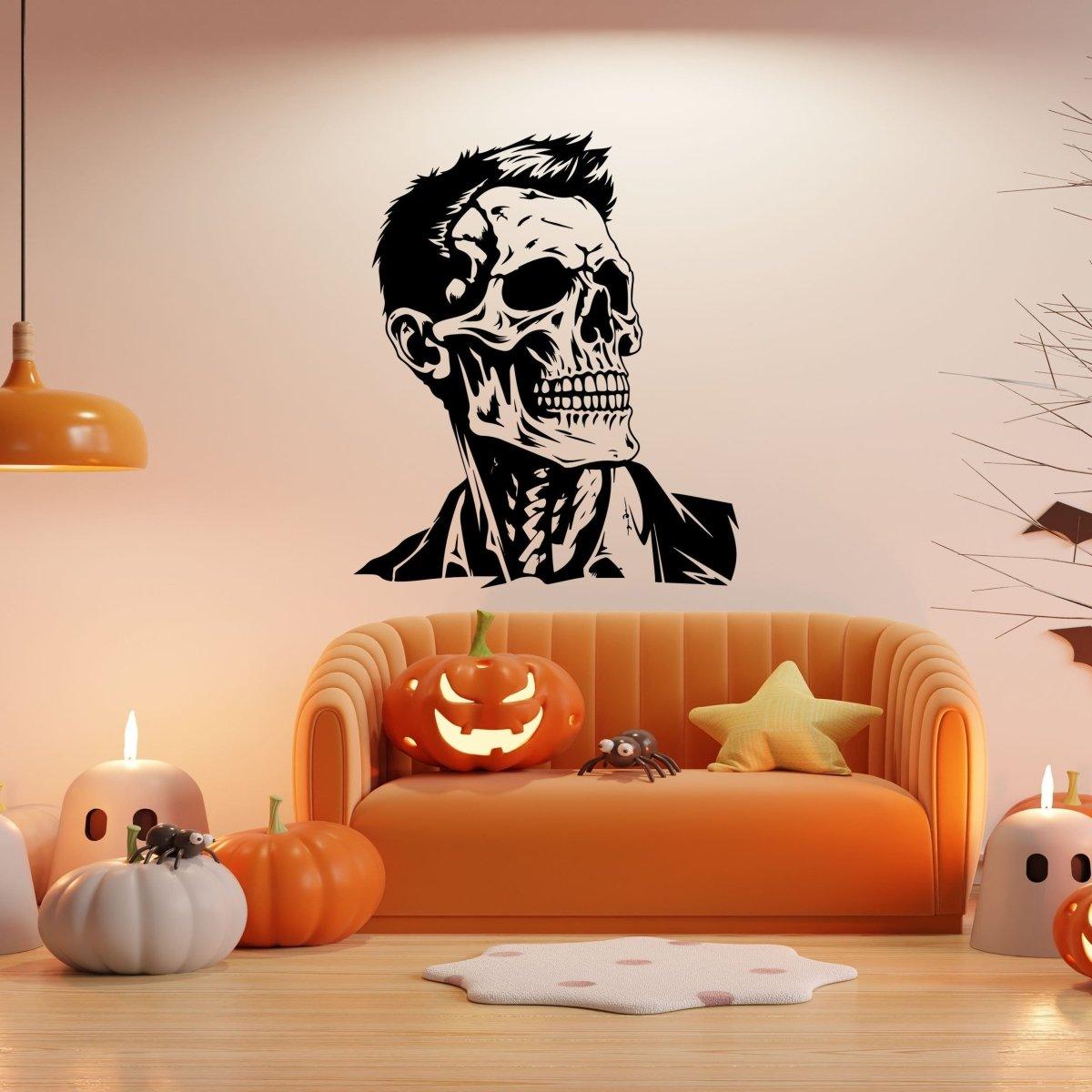 Chic skull wall sticker of a refined skeleton face in a stylish living room with Halloween decor.