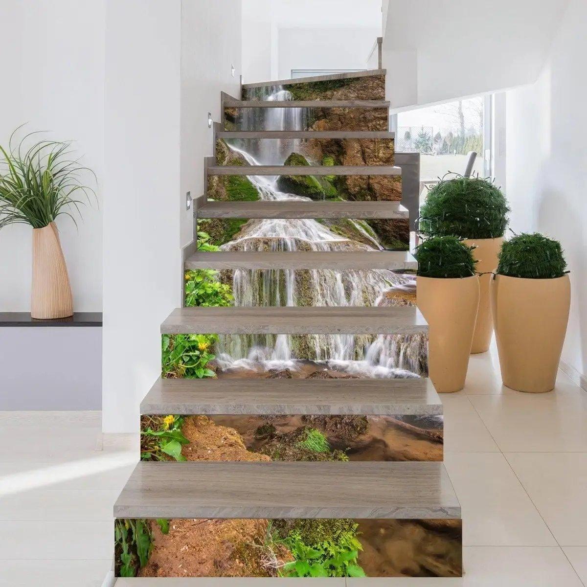 Stylish staircase wall decals featuring a scenic waterfall design, enhancing home decor and adding artistic flair.
