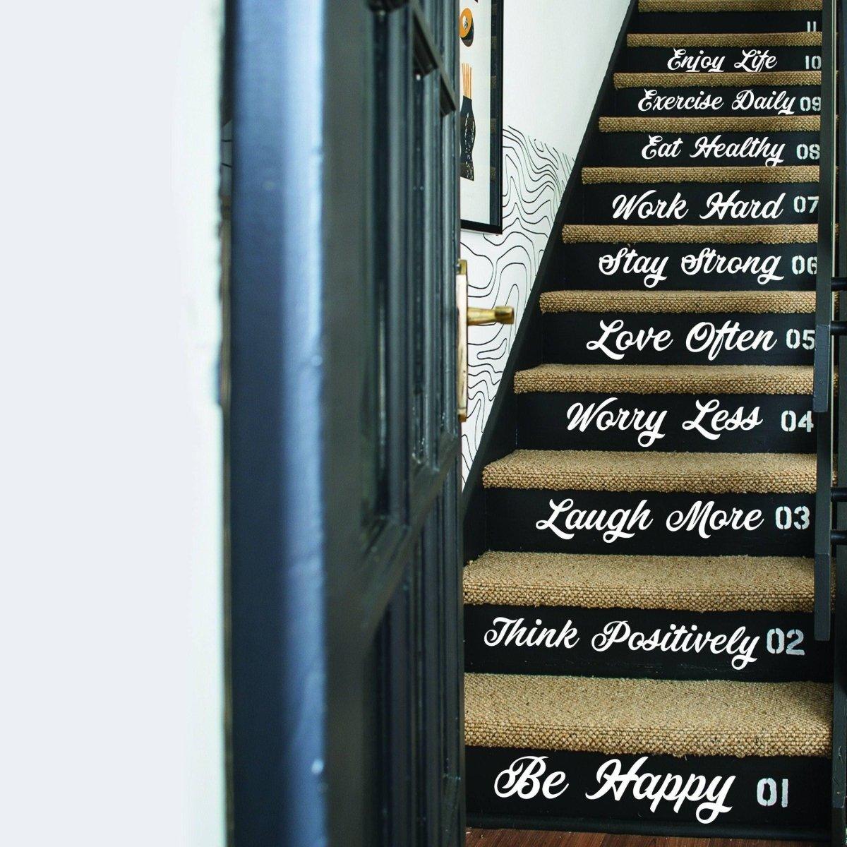 Stylish vinyl staircase decals with inspirational quotes for home decor transformation.