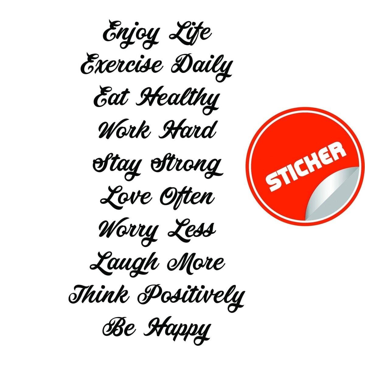 Stylish staircase decal with motivational quotes for home decor, featuring phrases like 'Enjoy Life' and 'Be Happy'.