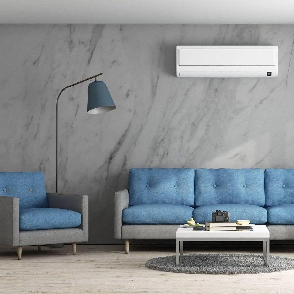 Stylish living room featuring stone-pattern adhesive wallpaper with blue furniture and modern decor.