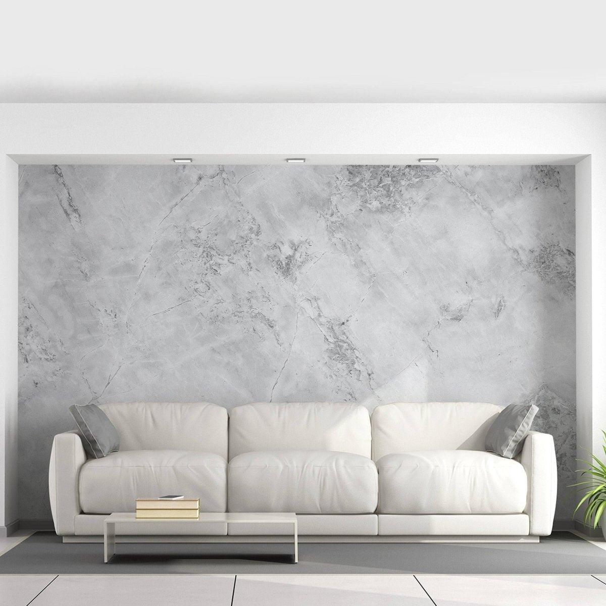 Gray marble texture self-stick wallpaper featured in a stylish living room with a modern white sofa.