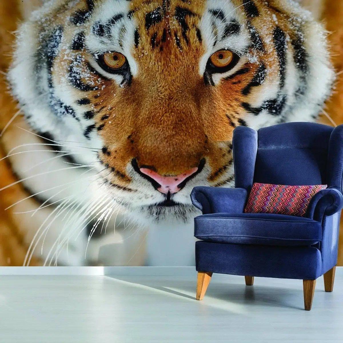 Stylish tiger wall decal with a navy blue chair, adding exotic elegance to living space decor.
