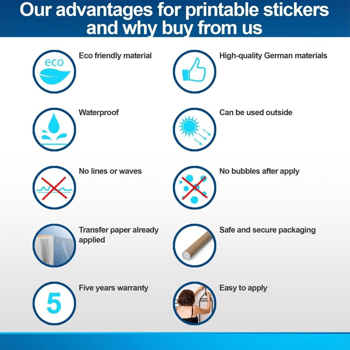 Advantages of our printable stickers: eco-friendly, waterproof, no bubbles, easy to apply, and secure packaging.