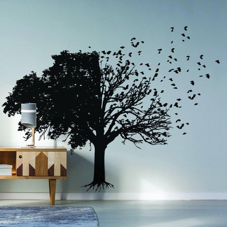 Chic tree wall sticker with birds and branches, perfect for transforming living spaces with elegance.