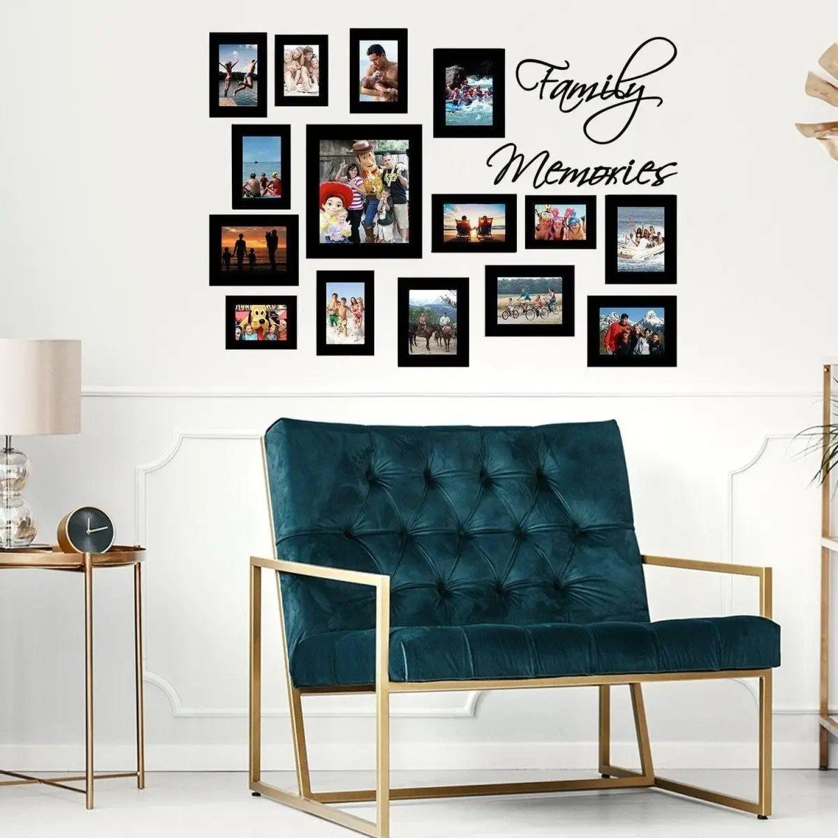 Stylish wall display of family memories in black frames with comfortable teal chair, perfect for home decor.