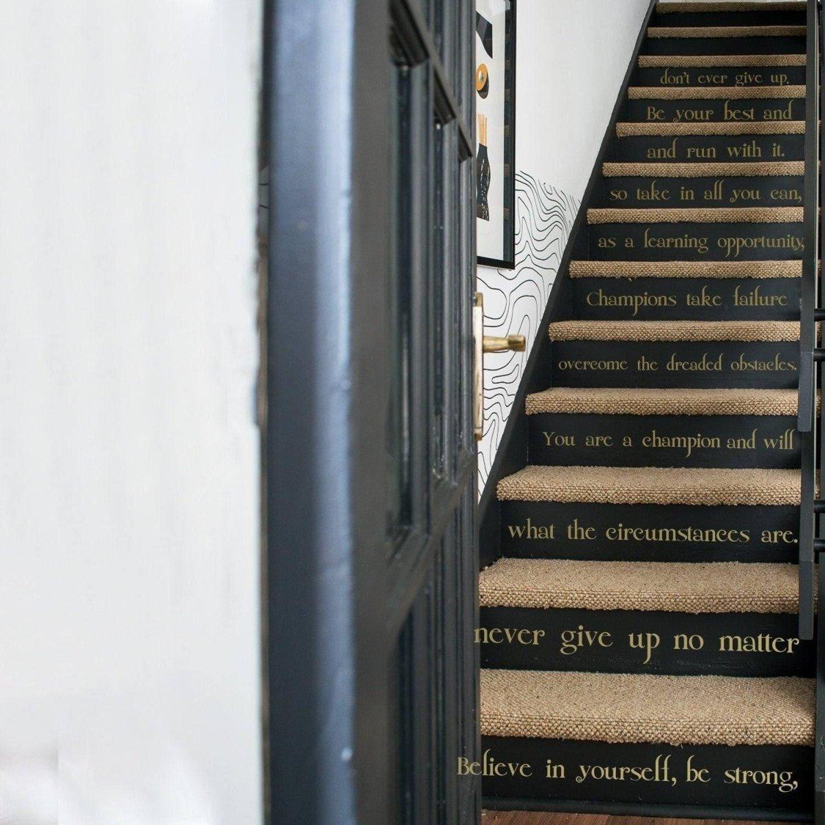 Inspirational staircase vinyl decal featuring motivational quotes to uplift and empower your space.