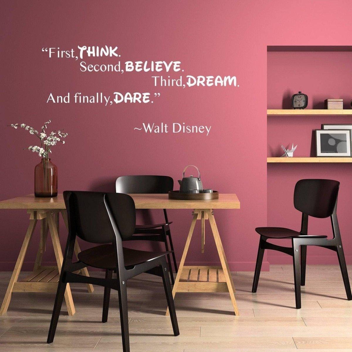 Walt Disney quote wall sticker on pink wall in dining area, vinyl removable decal for interior design.