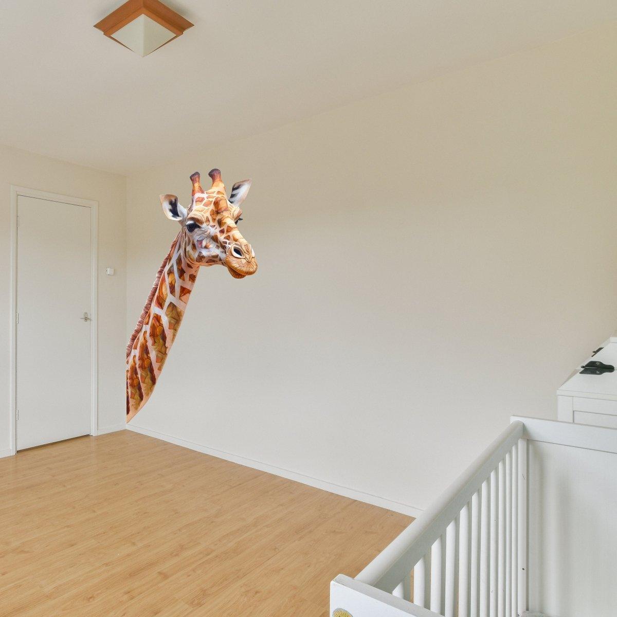 Giraffe wall decal in a bright kid's bedroom, adding playful charm to the nursery decor.