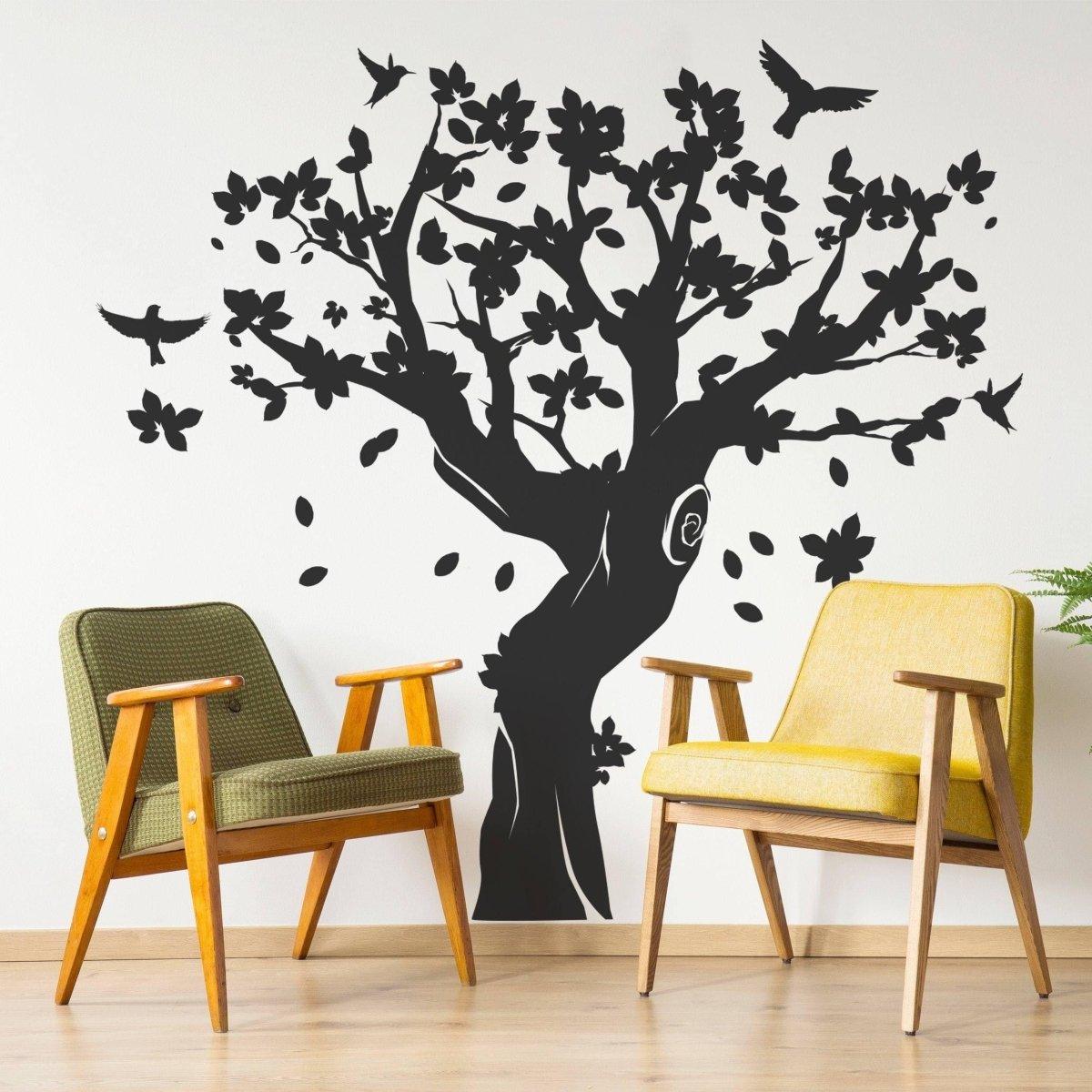 Contemporary tree wall decal featuring birds and flowers, perfect for nursery or kids' room decor.