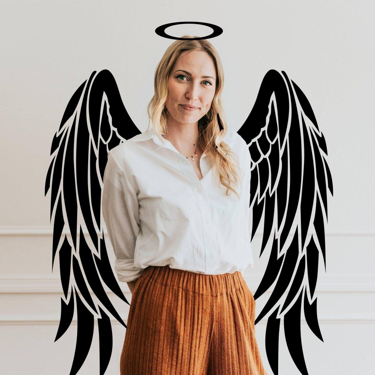 Woman with angel wings and halo, showcasing majestic angel wings wall sticker decor.