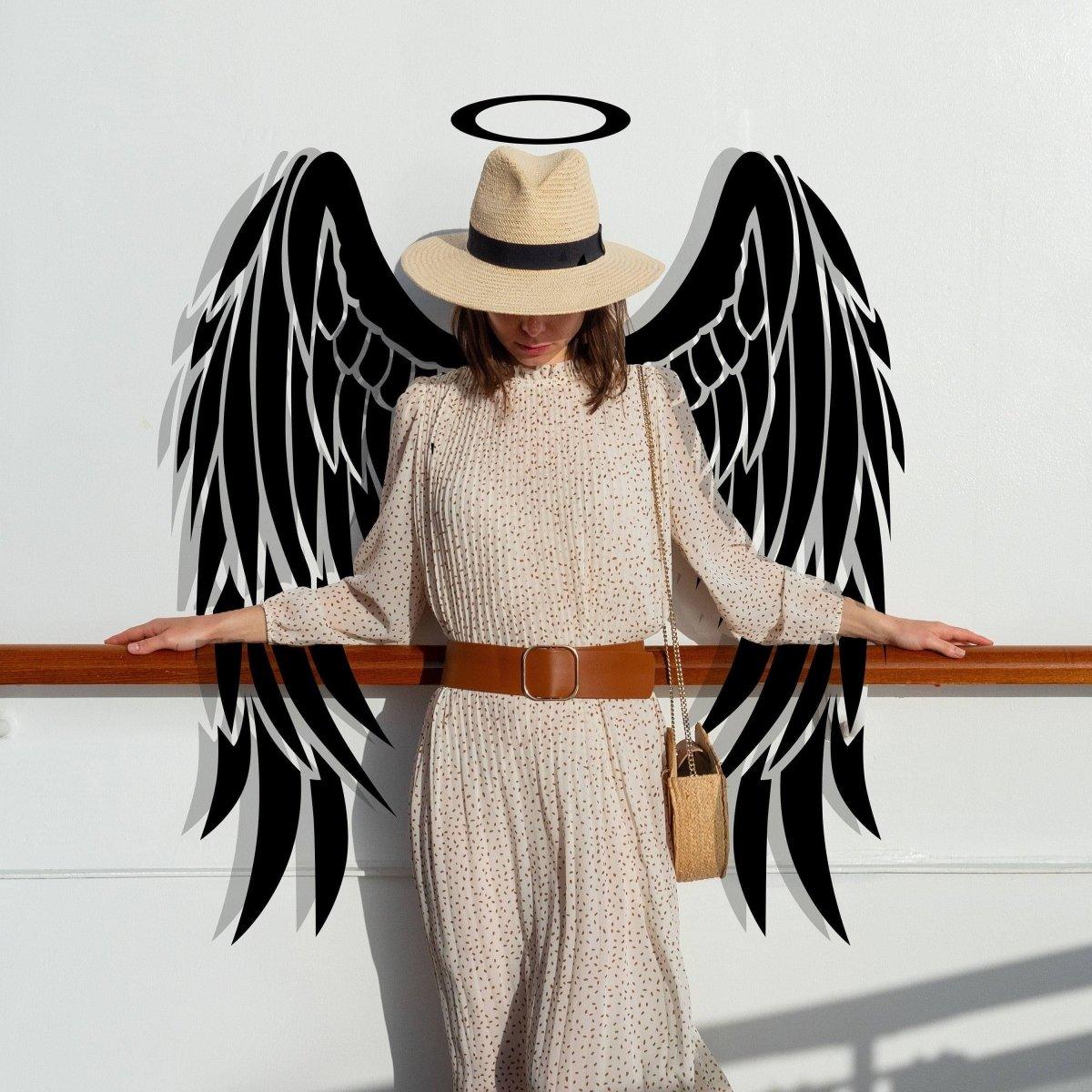 Majestic feather wall sticker featuring angel wings and halo on a woman in a stylish outfit.