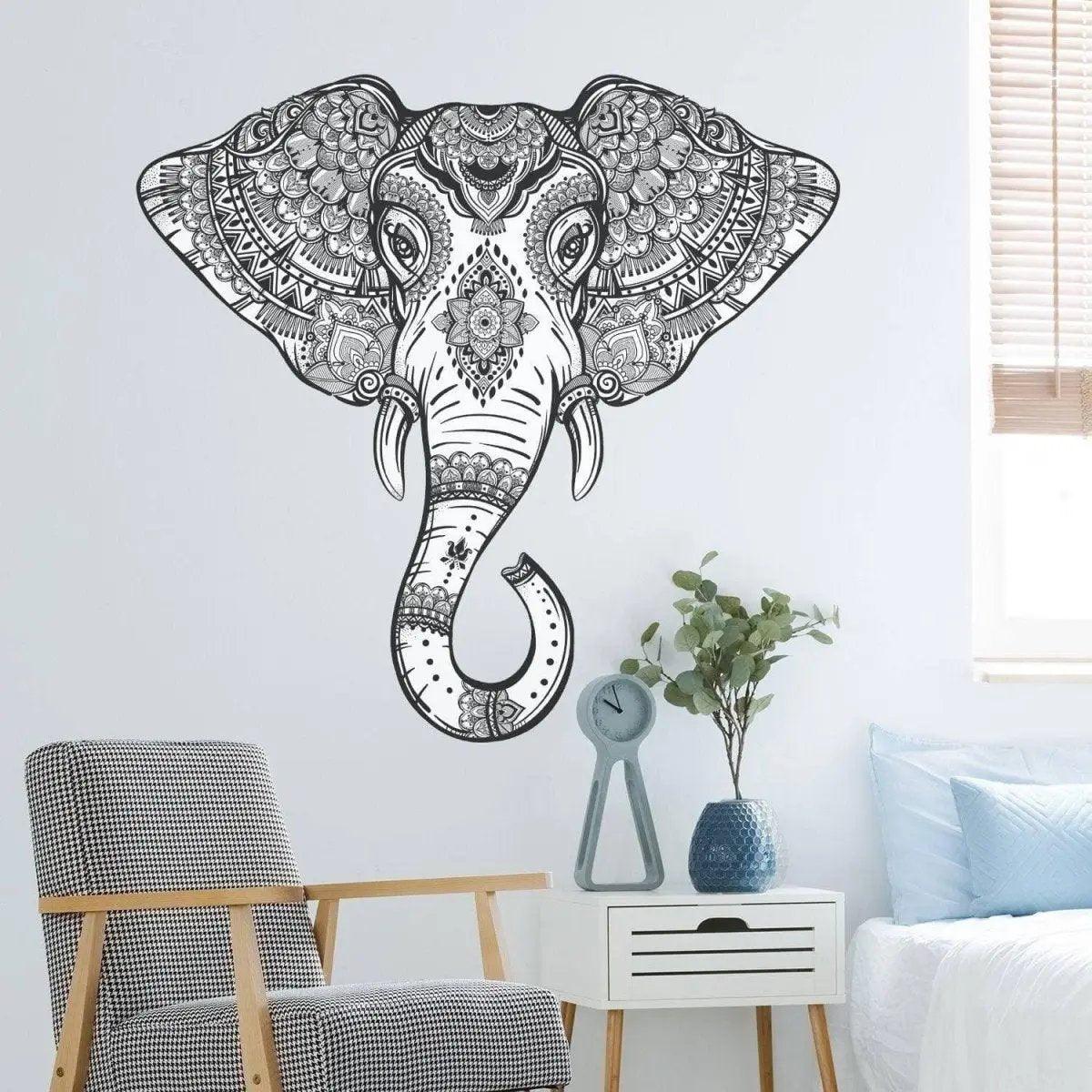 Vinyl elephant wall sticker with tribal design, symbolizing wisdom and wealth in modern living space.