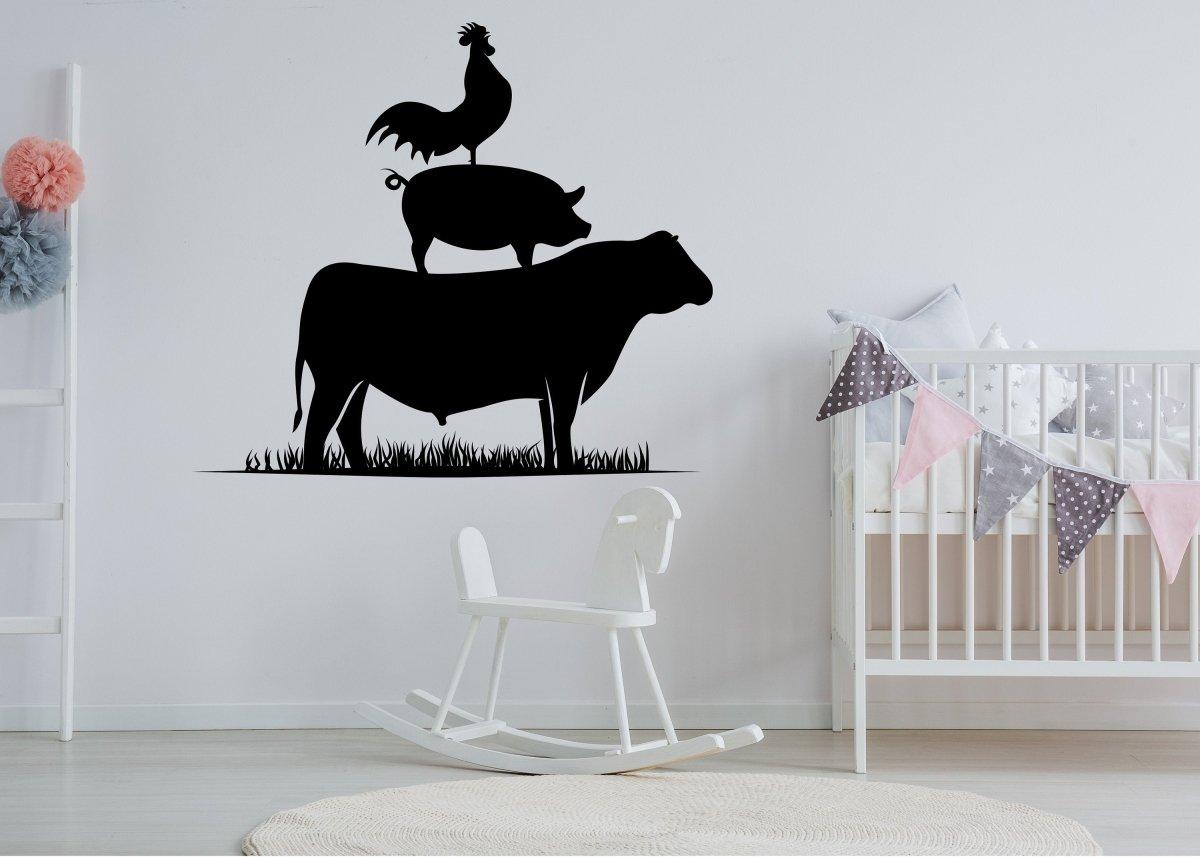 Charming farm animal wall decal featuring a cow, pig, and rooster, perfect for adding whimsy to your decor.