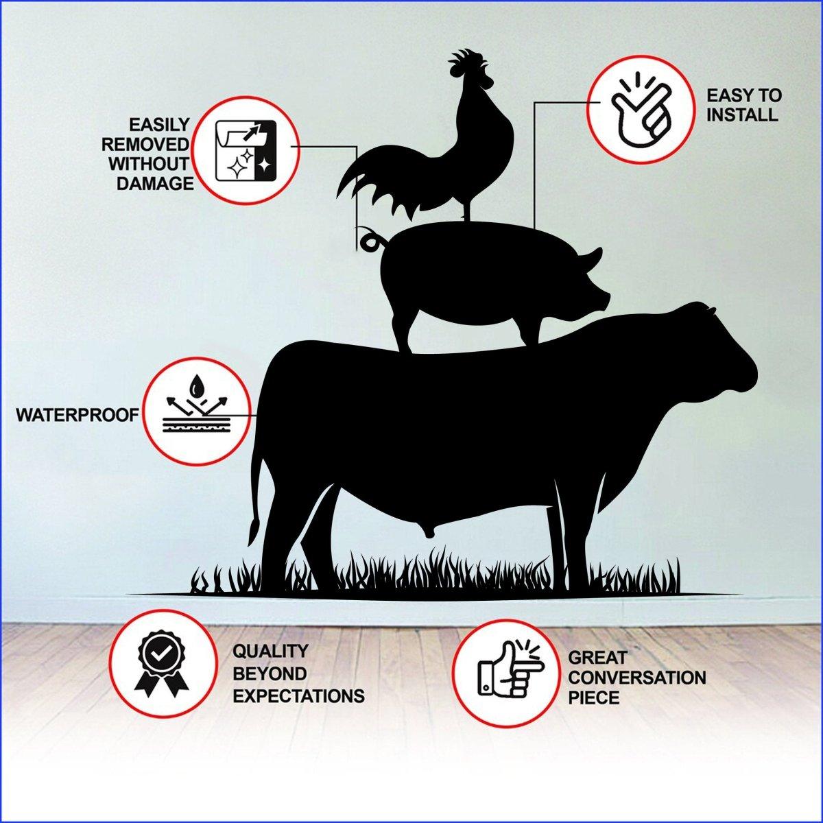 Farm animal wall art decal set showing a rooster on a pig atop a cow, highlighting easy installation and waterproof features.