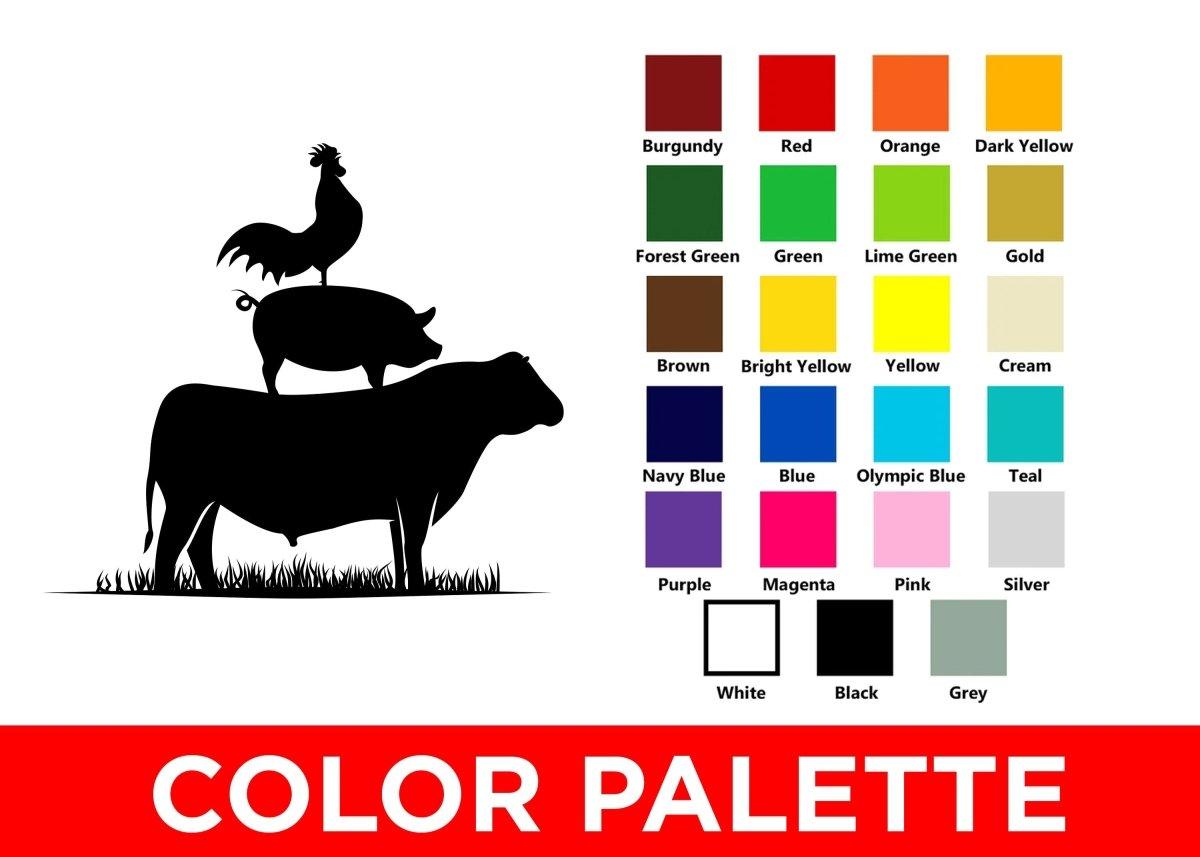 Color palette for farm animal wall decals featuring a cow, pig, and rooster design with vibrant color options.
