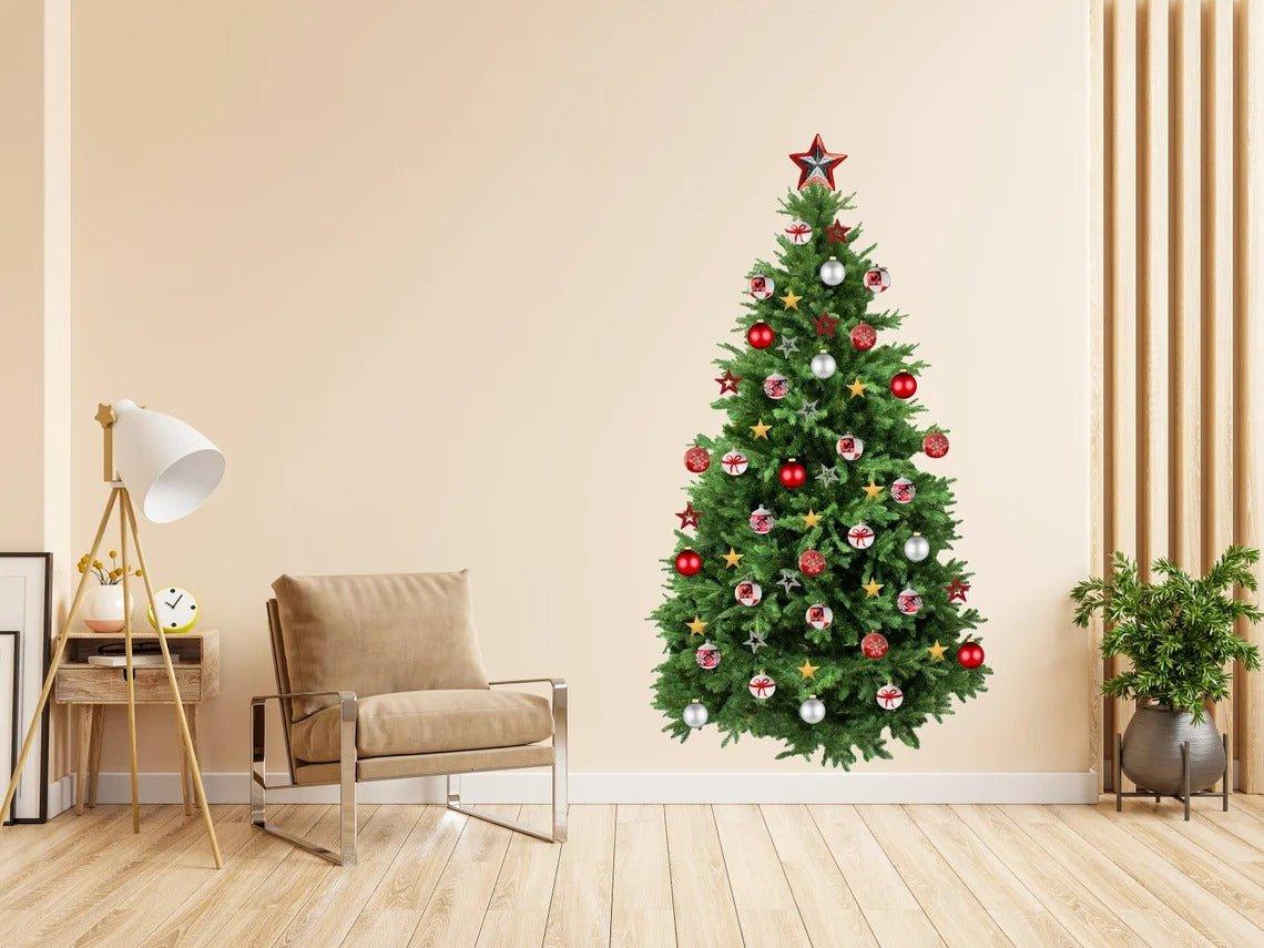Festive pine wall decal of a Christmas tree with ornaments, adding holiday cheer to a modern living room.