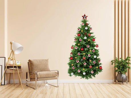 Festive pine wall decal of a Christmas tree with ornaments, adding holiday cheer to a modern living room.