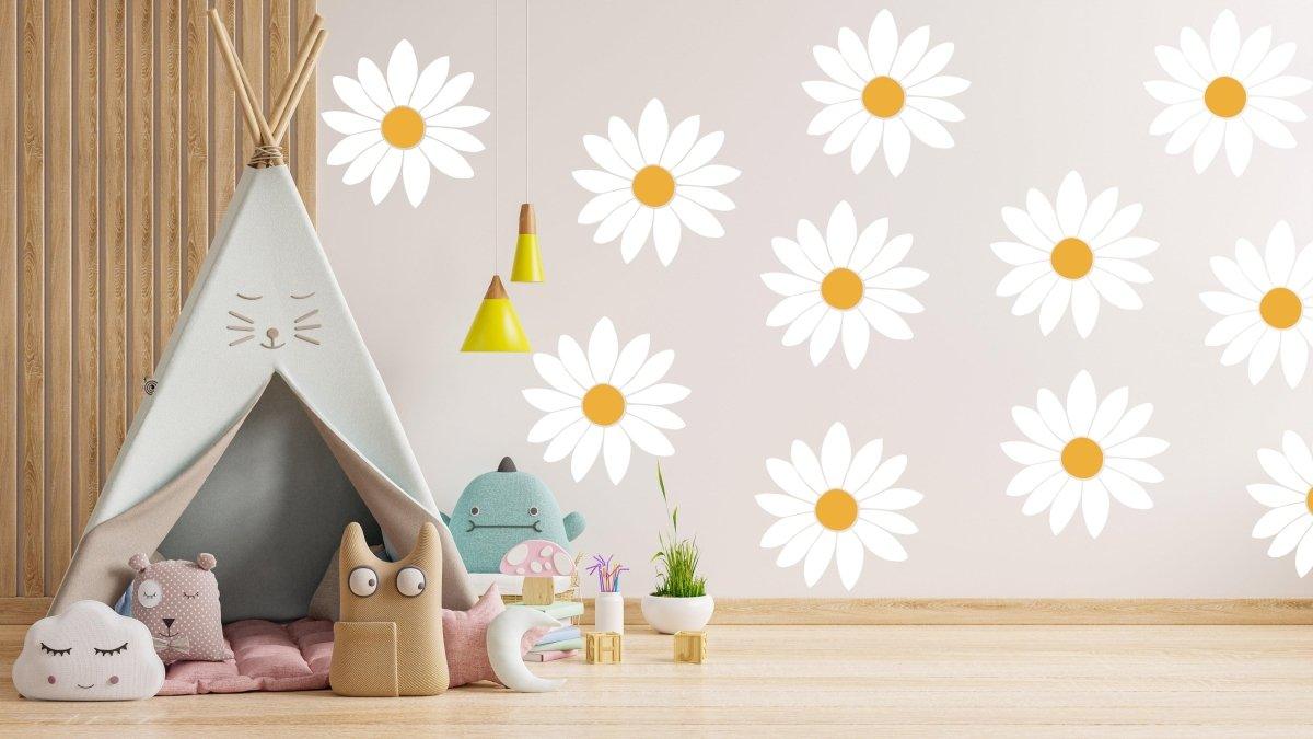 Bright and cheerful Daisy Wall Decals in a cozy playroom with a teepee and plush toys.