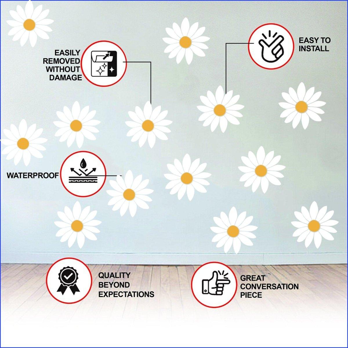 Boho vinyl wall stickers with daisies showcasing easy installation, waterproof quality, and removable features.