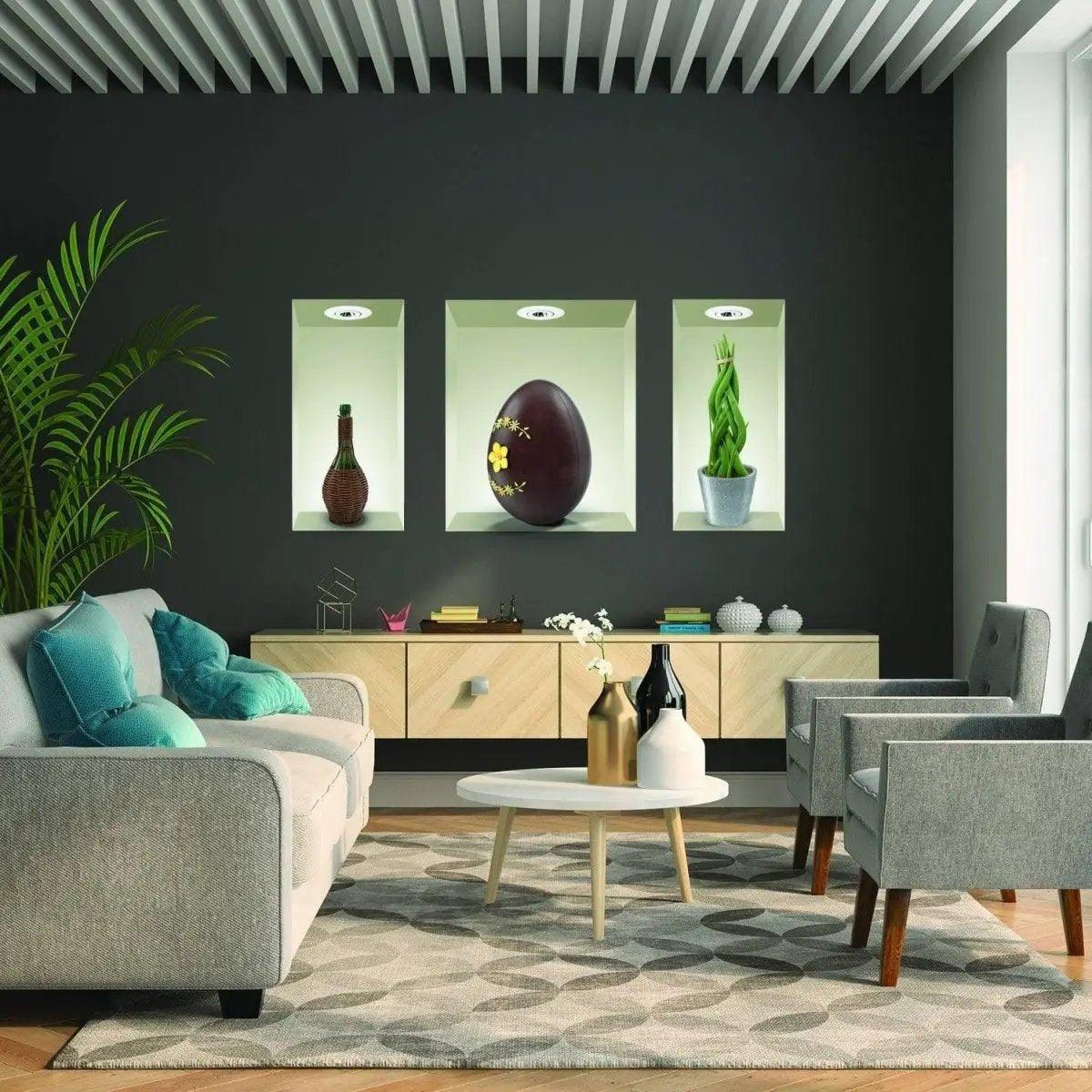 Modern living room featuring decorative wall art, including a brown egg and green plant artwork.