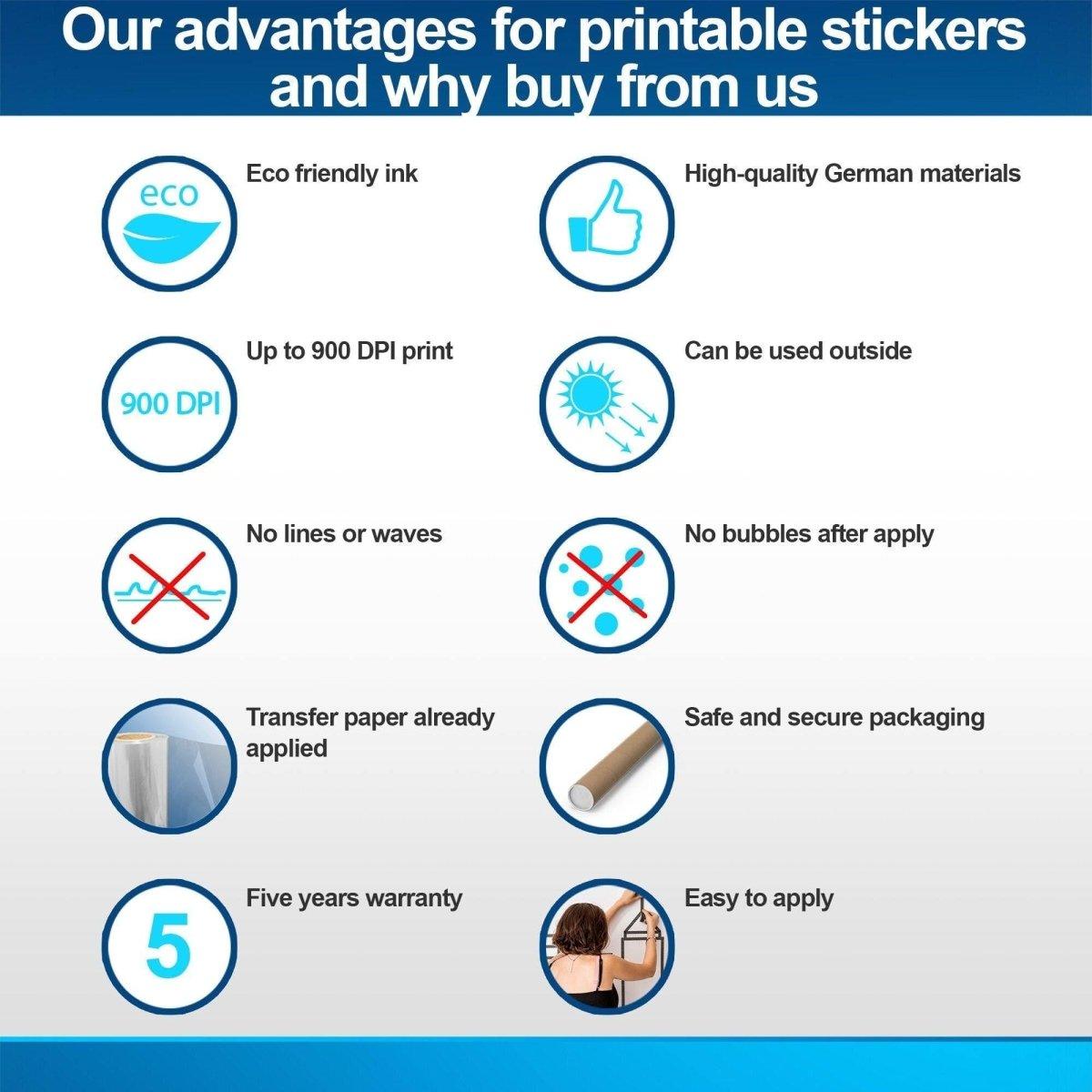 Infographic highlighting advantages of printable stickers, including eco-friendly ink and high-quality materials.