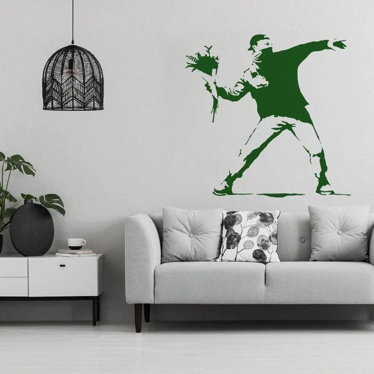 Artistic floral expression wall decal of a man with flowers adding creativity to a modern living space.