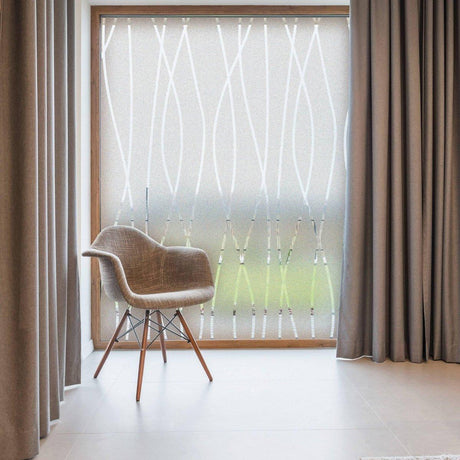Frosted glass door sticker design with elegant transparent pattern, enhancing privacy and light in a modern room setting.