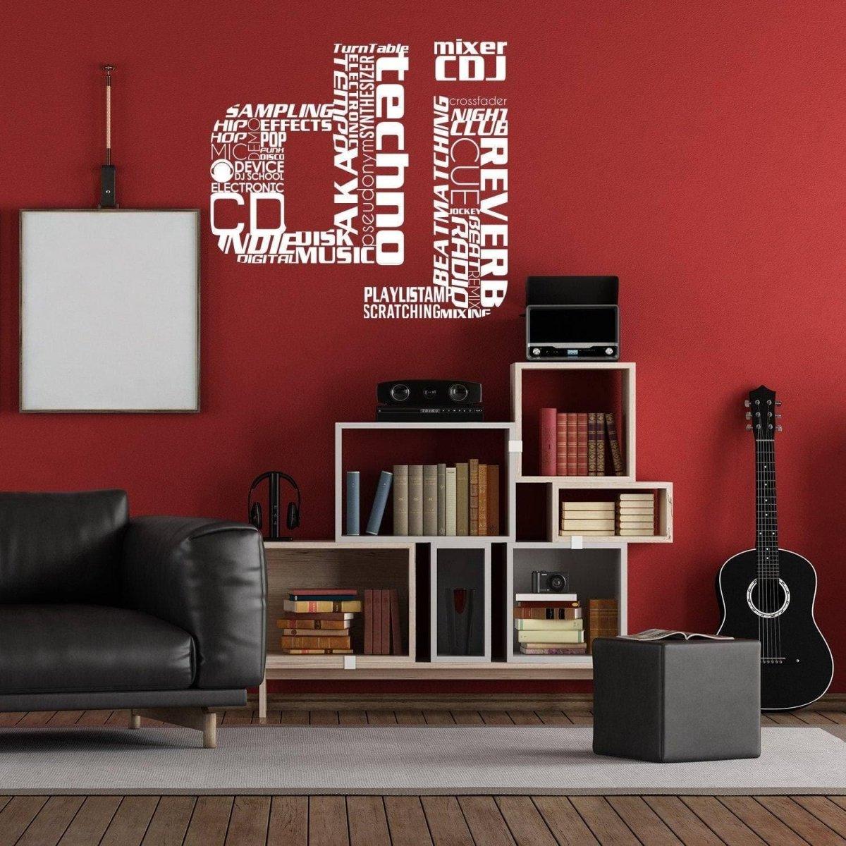 DJ music wall decal featuring vibrant soundwave and music terms on a red wall, perfect for music lovers and DJs.