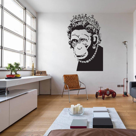 Queen Monkey Vinyl Wall Art Decal in modern living room, adding a humorous touch to home decor.